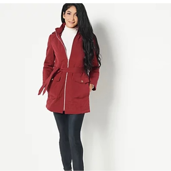 dennis basso Jackets & Blazers - Dennis Basso Water Resistant Quilted Coat w/Belt & Hood Red Garnet Large